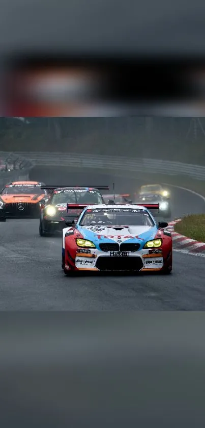 Dynamic race car leads on the track in a high-speed motorsport image.