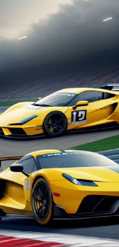 Two sleek yellow race cars speeding on a track.