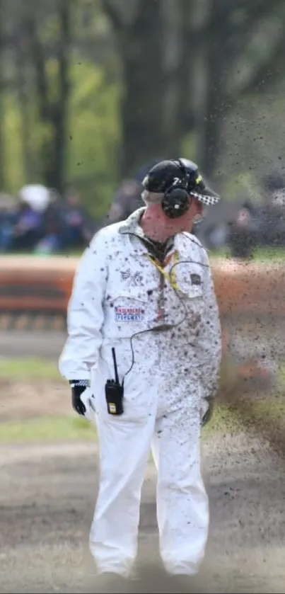 Race official covered in dirt during a high-speed racing event.