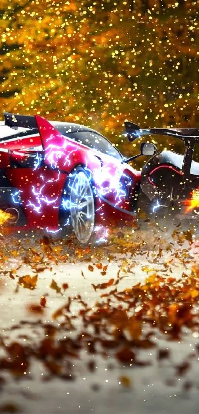 Racing supercars zoom past autumn leaves in a dynamic mobile wallpaper scene.