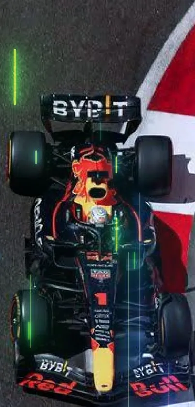 F1 racing car on track with dynamic colors.