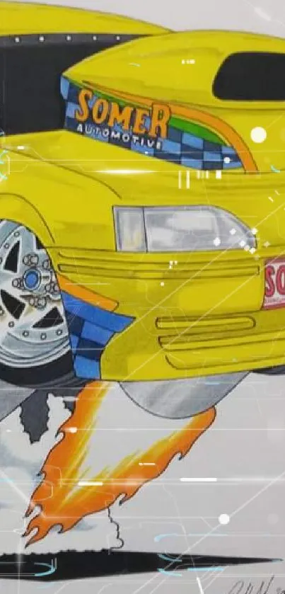 Illustrated racing car with yellow design and fiery wheels.