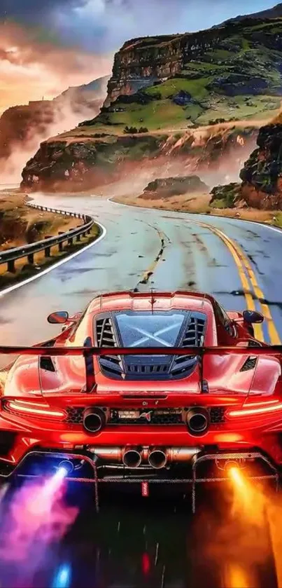 Racing car speeding on curvy mountain road