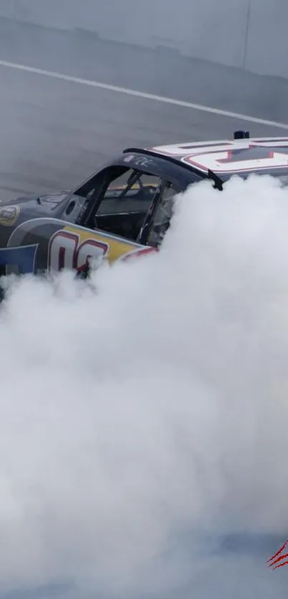 Racing car engulfed in smoke on a race track, showcasing speed and motion.