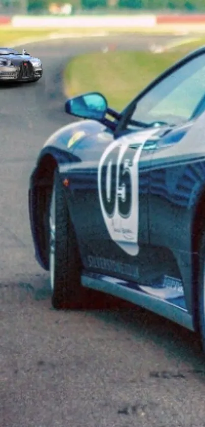 Dynamic blue racing car on track, showcasing design.