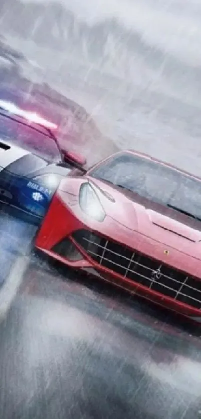 Red Ferrari and police car in high-speed chase wallpaper.