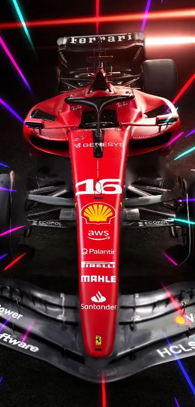 Red Formula 1 car with vibrant neon lights on a dark background.