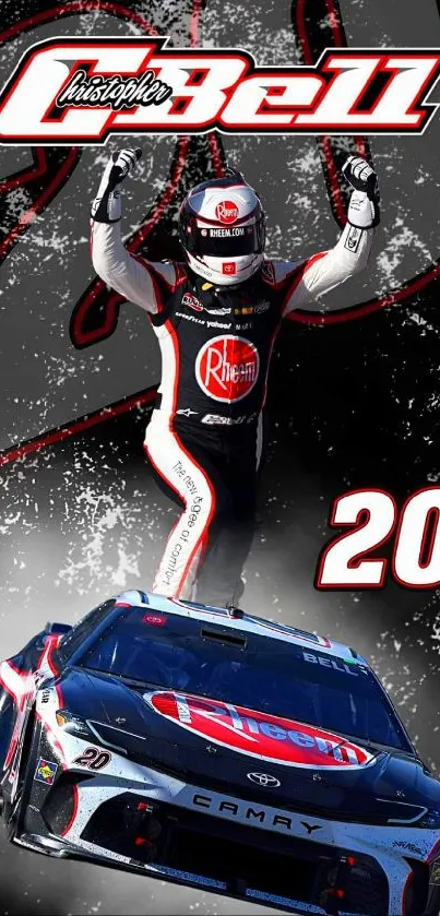 Exciting racing car wallpaper with driver celebration and number 20.