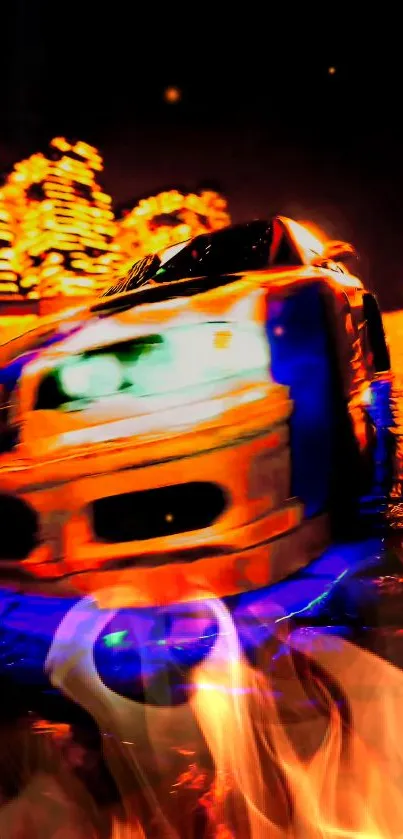 Vibrant racing car with flames and city lights in dynamic motion.