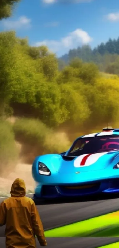 Vibrant blue racing car on a scenic road with balloons.