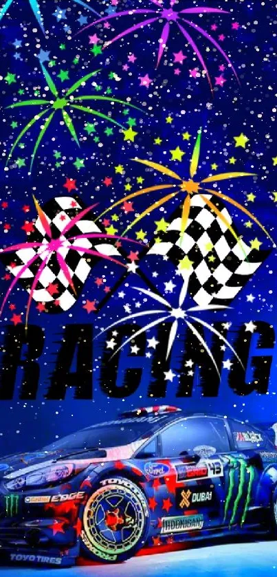 Racing car with colorful fireworks and checkered flags on blue background.