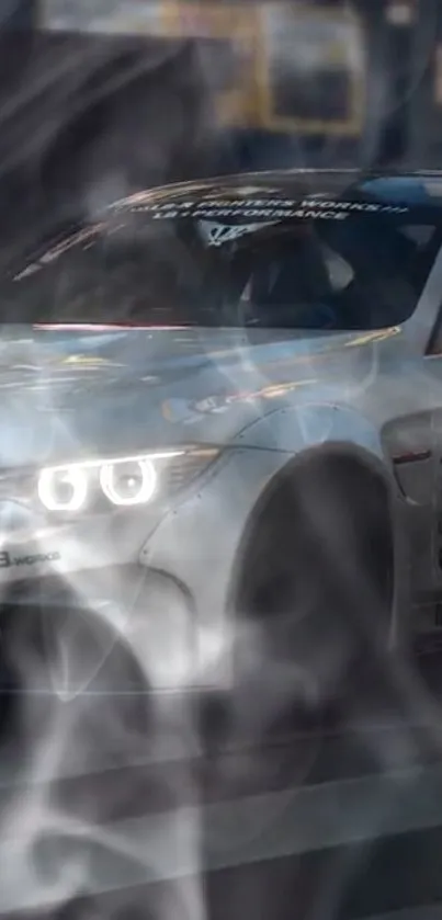 Sleek racing car speeding through smoke.