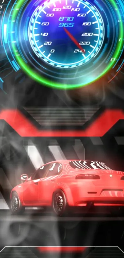 Red sports car with neon speedometer design.