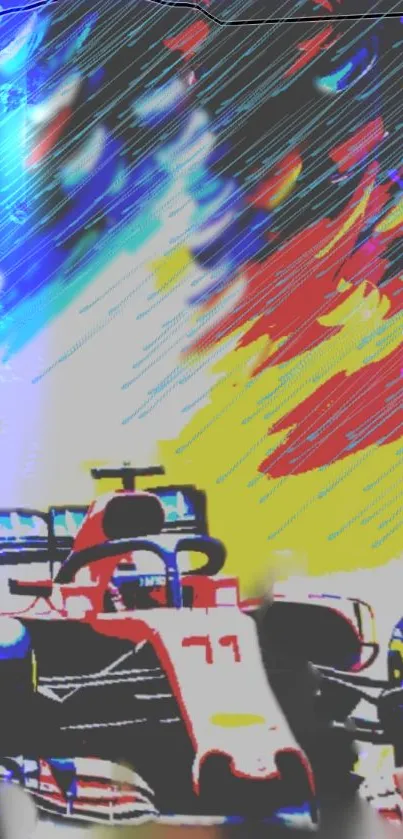 Colorful racing car illustration with vibrant streaks of yellow and red.