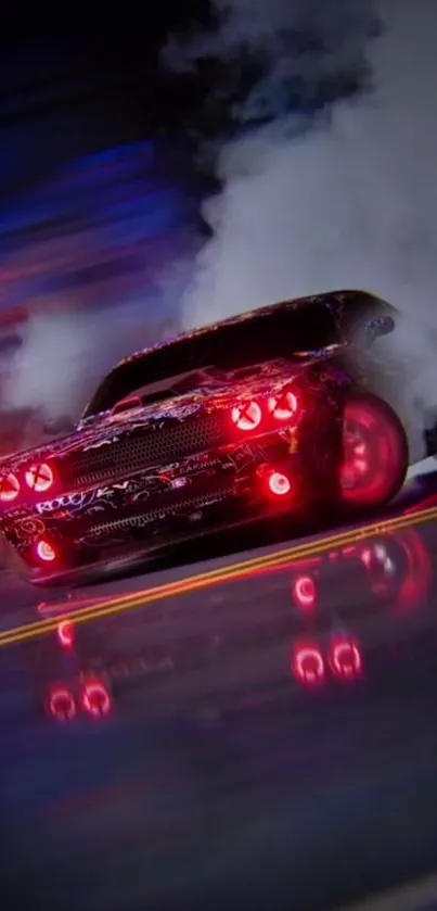 Dynamic racing car with smoke and vibrant lights.