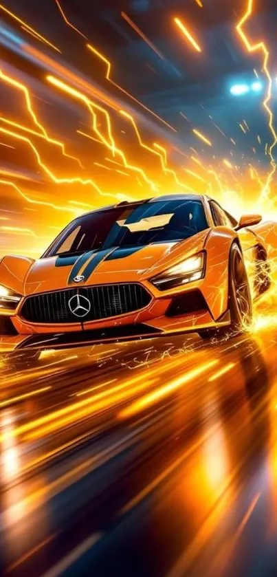 Orange racing car with fiery effects.