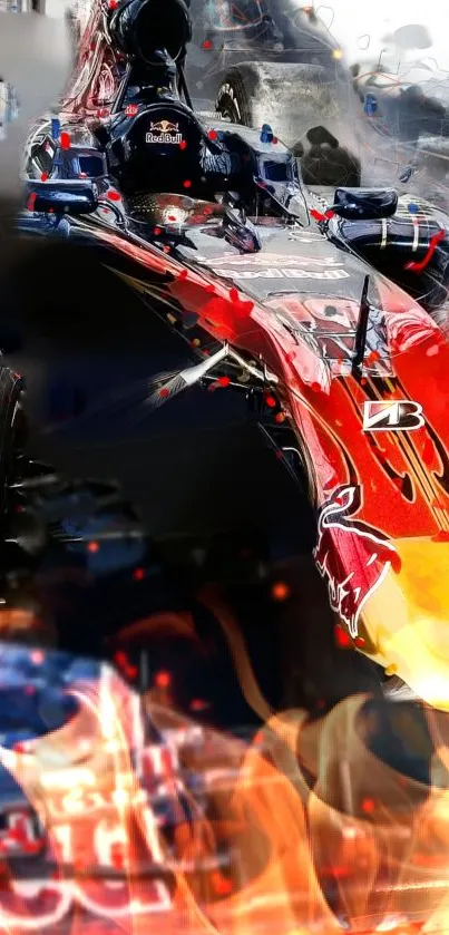 Dynamic racing car with vibrant red and yellow tones on fiery background.