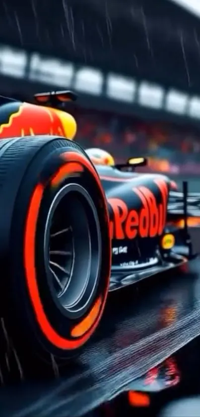 Dynamic racing car on a wet track.