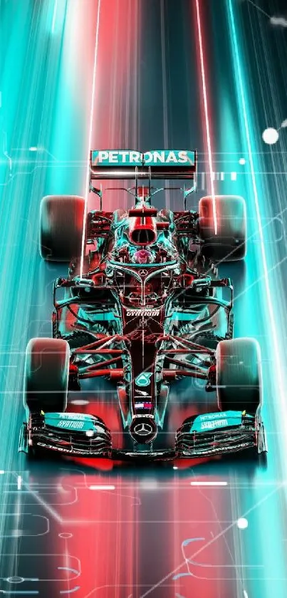 Dynamic racing car with teal and red light streaks.