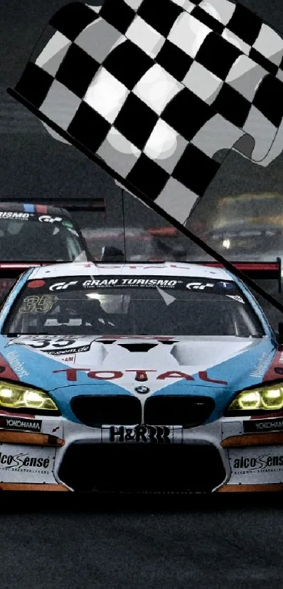 Mobile wallpaper featuring racing cars on a track with a checkered flag.