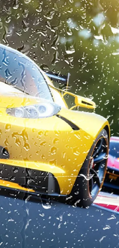 Sleek yellow racing car on track with green backdrop.