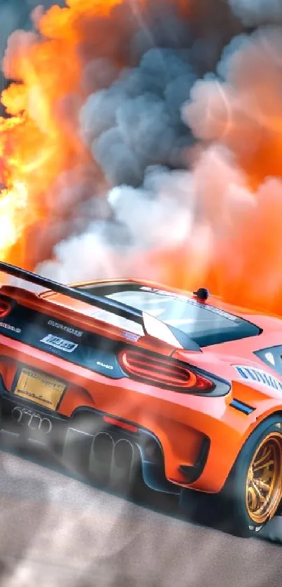 Dynamic racing car with flames on a vibrant orange background.