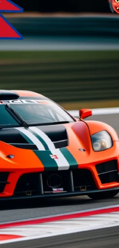 Dynamic orange race car on track wallpaper.