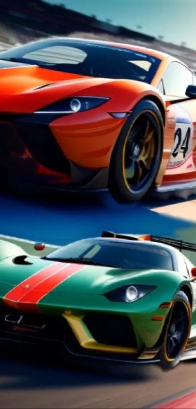 Two racing cars on track, vibrant colors, dynamic motion.