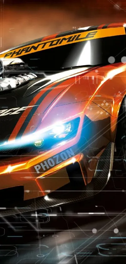 Vibrant orange racing car in motion, showcasing speed and dynamic design.