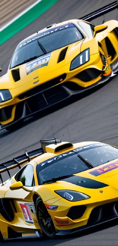 Yellow racing cars on a track, dynamic and thrilling mobile wallpaper.