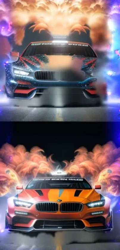 Vibrant wallpaper featuring dynamic racing cars with fiery speed effects.