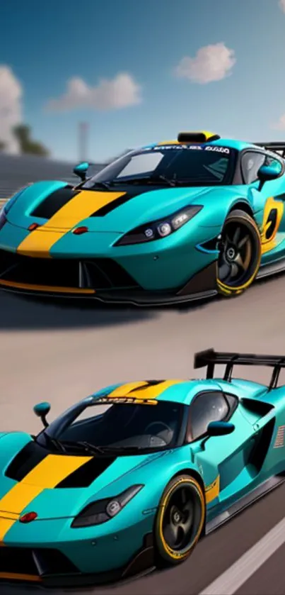 Dynamic teal racing car on track, vibrant and sleek.