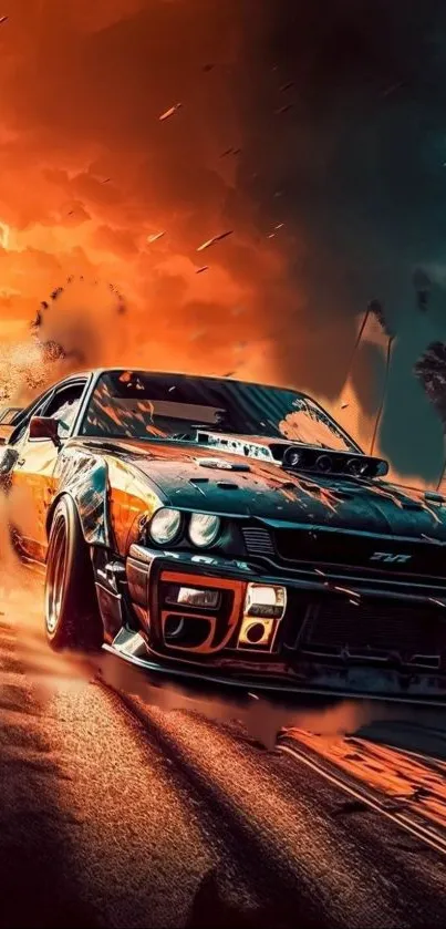 High-speed racing car on a fiery sunset road, showcasing dynamic motion.