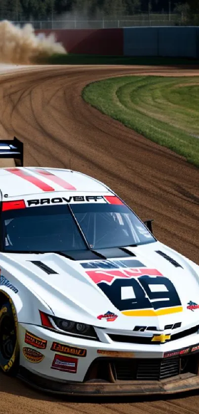 Dynamic racing car speeding on a dirt track with vibrant motion.