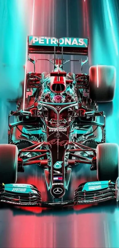 High-speed racing car in vibrant turquoise and red colors, showcasing dynamic design.