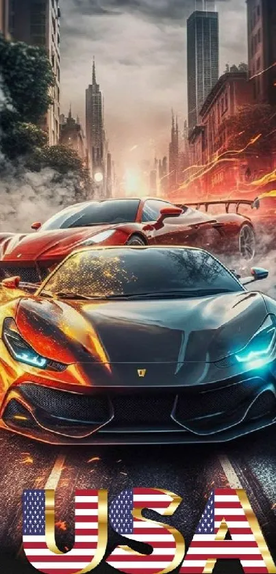 Urban racing car wallpaper with USA theme.