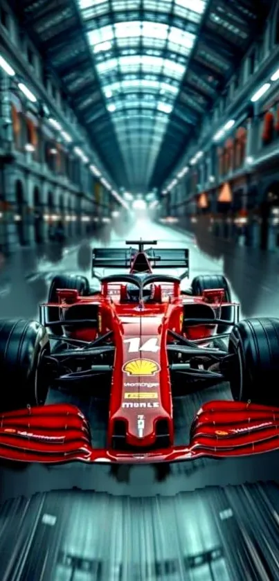 Red racing car in a futuristic tunnel setting.