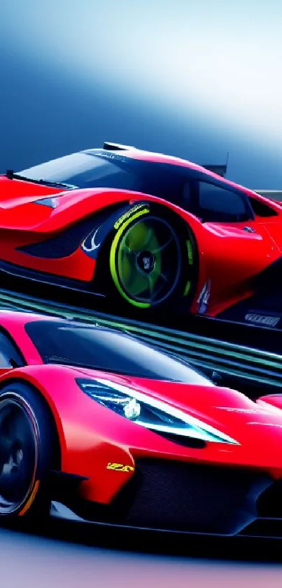 Red sports cars racing on dynamic background wallpaper.