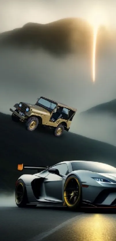 Dynamic racing car on a dimly lit road with a dramatic sky.