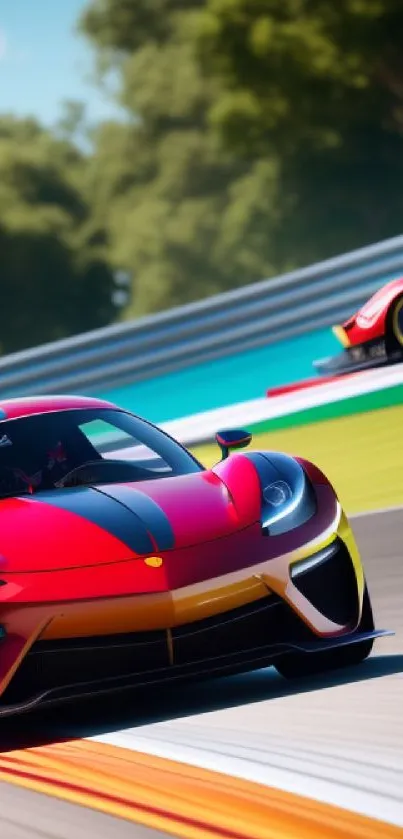 Dynamic red racing car on a vibrant track with trees in the background.