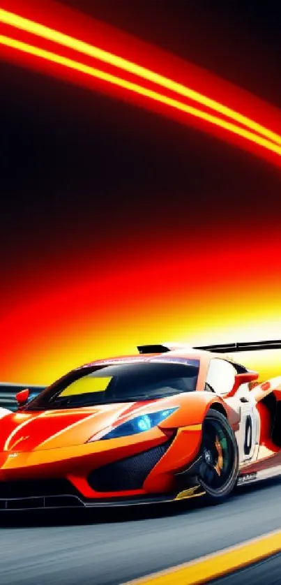 High-speed racing car with vibrant red-orange background.