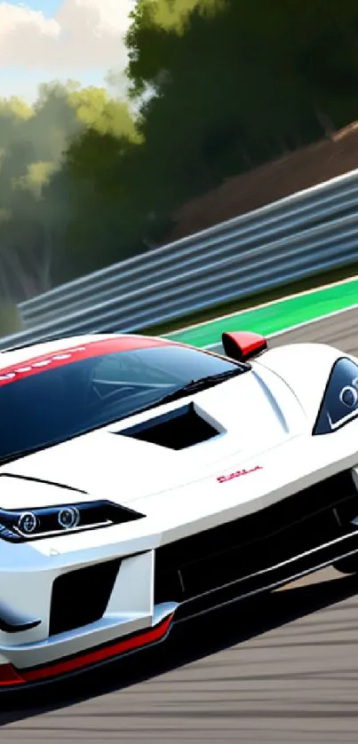 Sleek white racing car speeding on a track, dynamic mobile wallpaper.