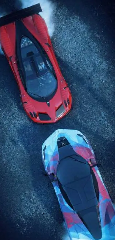 Two racing cars on a dynamic track, captured in high-speed action.