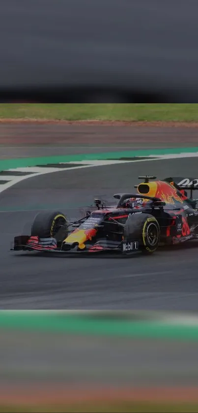Sleek Formula One car on a dynamic race track.