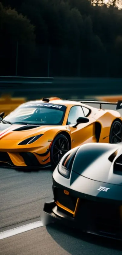 Orange and black racing cars on track with a dynamic motion blur.