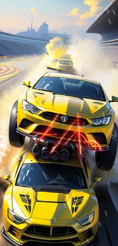Yellow sports cars performing stunts on a race track under a sunny sky.