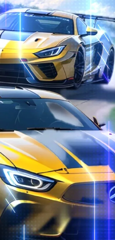 Dynamic racing cars showcased in vibrant yellow against a fast-paced background.