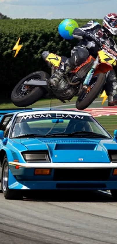 Motorcycle jumping over blue race car on track.