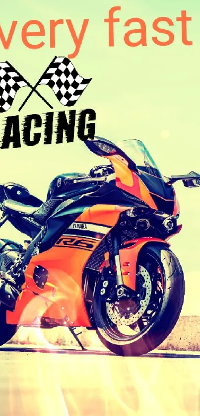 Orange sportbike on track with racing text and checkered flags.