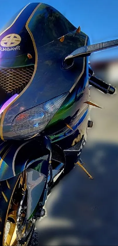 Dynamic racing motorcycle against blue sky backdrop.